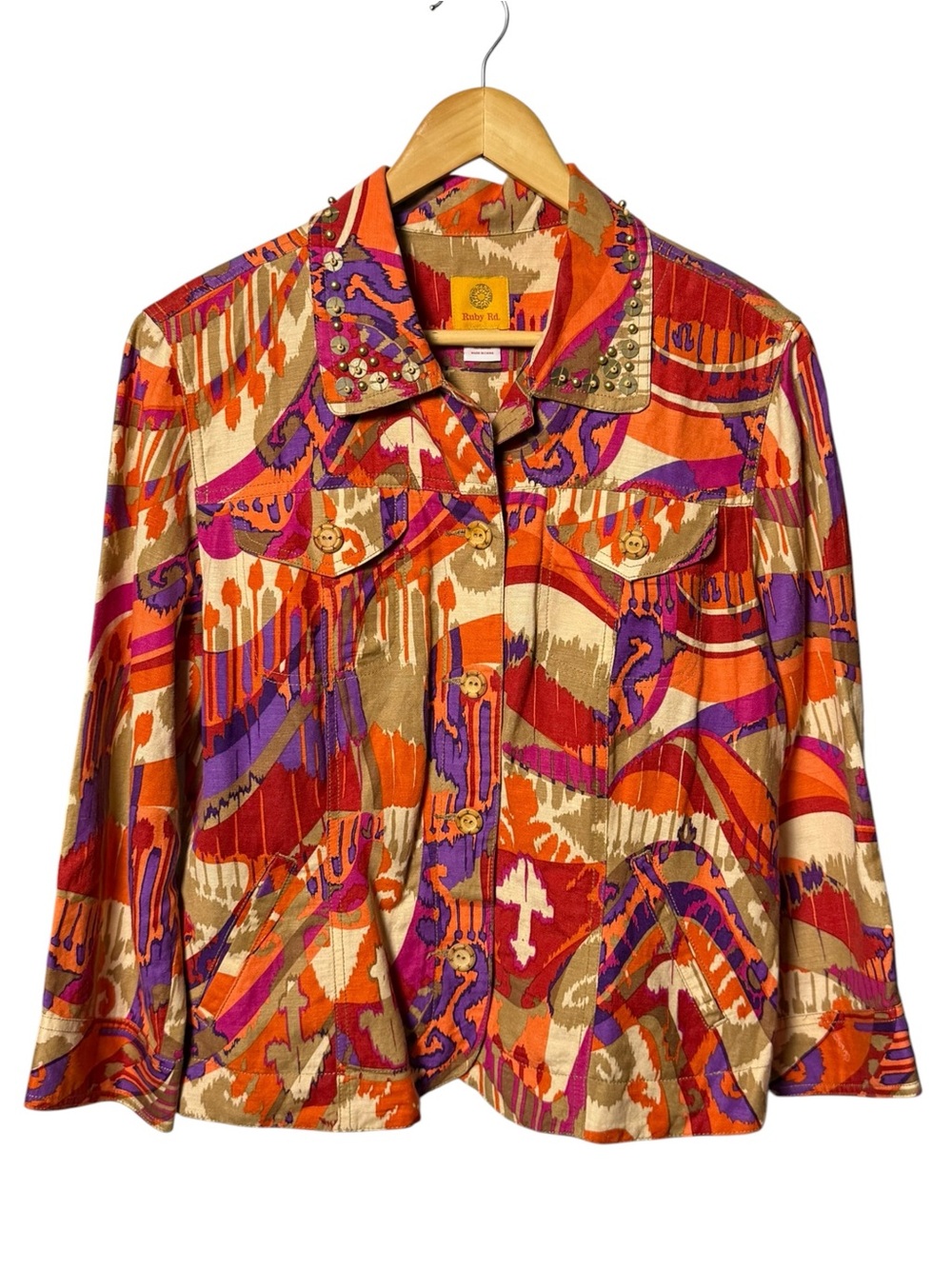 Ruby Rd. Colorful Wood Button Linen Blend Jacket Size 14
